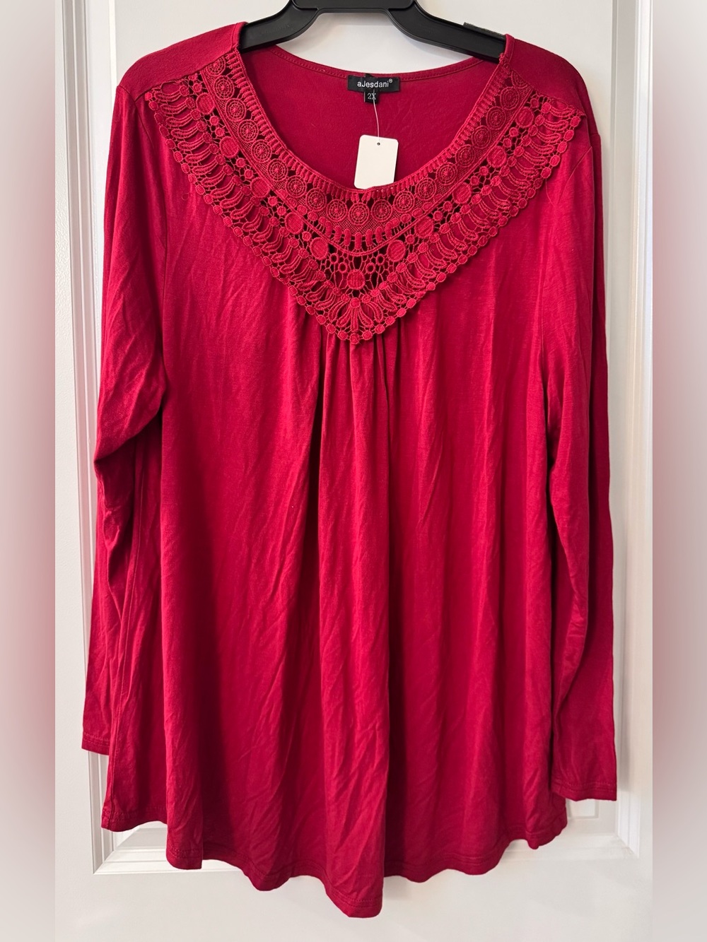 #x665 - a. jesdani Red Embroidered Scoop Neck Long Sleeve Swing Tunic Top Blouse